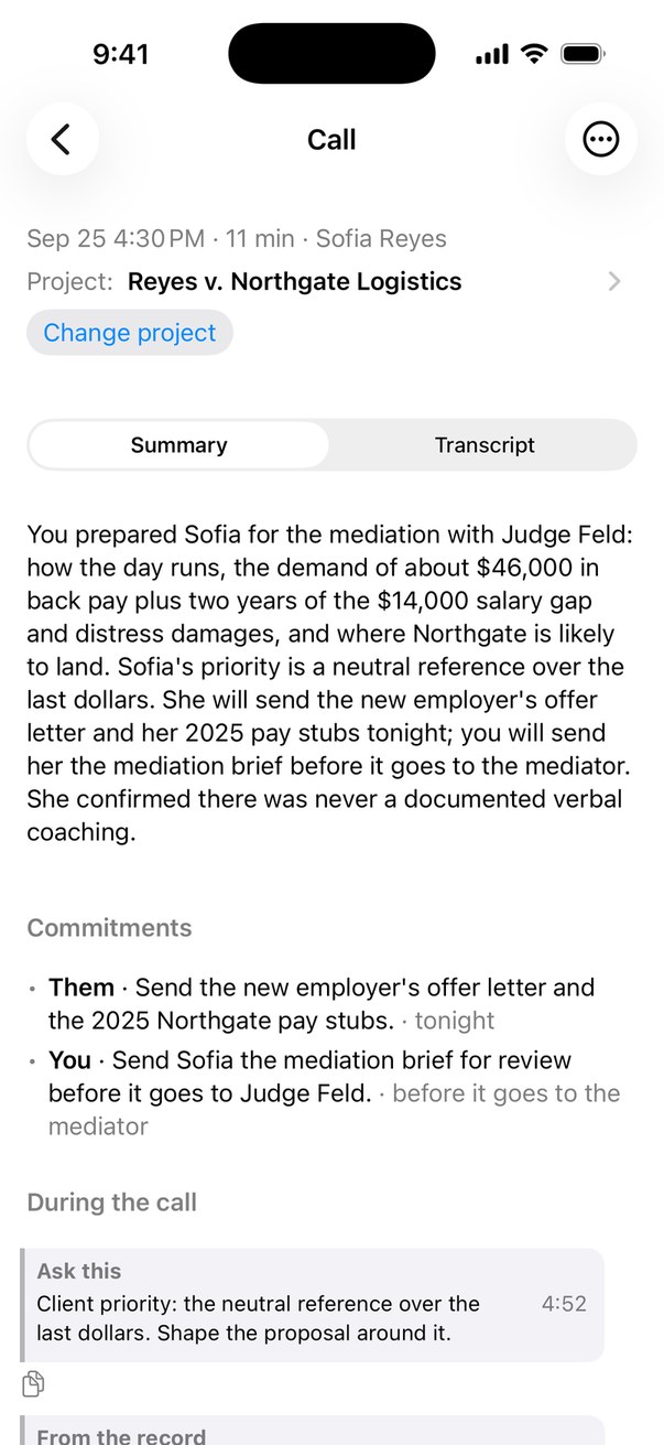 ConvoCatch on iPhone after a call: the summary and each side's commitments