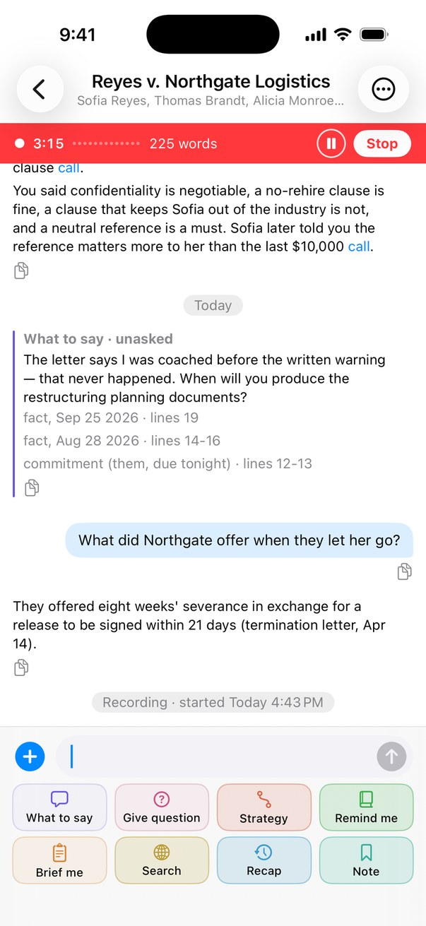 ConvoCatch on iPhone during a call: a question answered from the termination letter, with sources