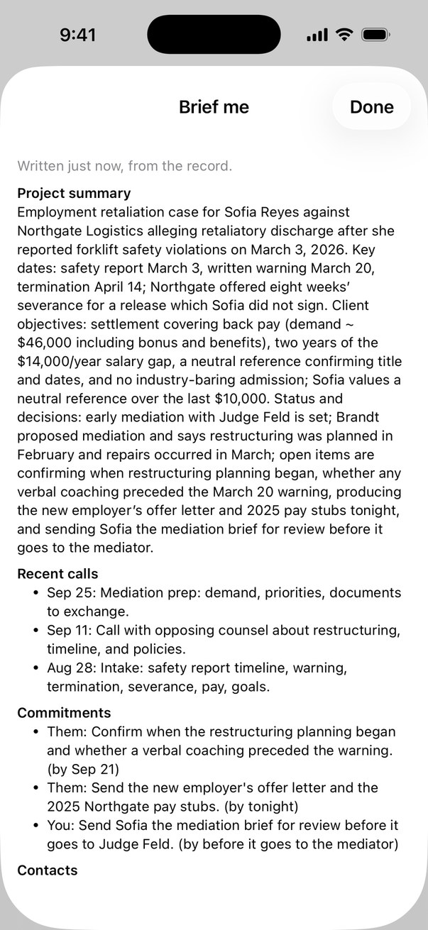 ConvoCatch Brief me on iPhone during a call: the matter summary, recent calls, and each side's commitments