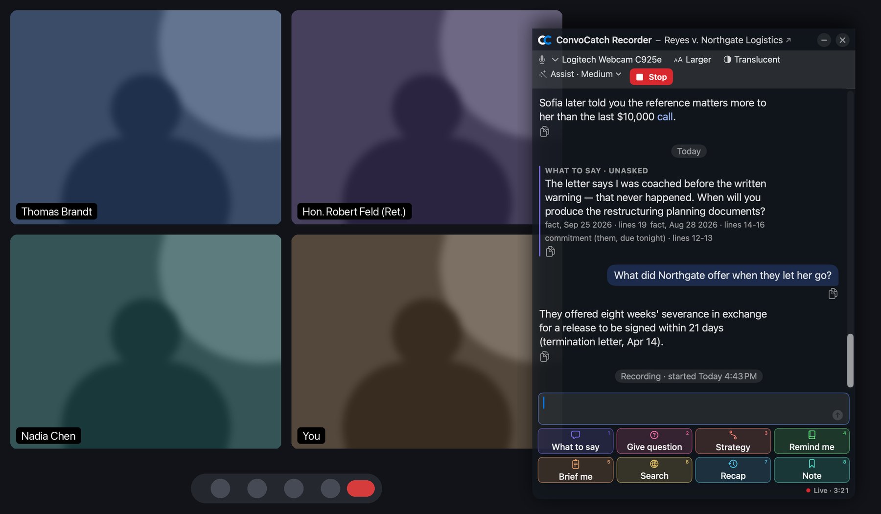 The ConvoCatch window beside a video meeting on a Mac, answering a question from the termination letter during the call